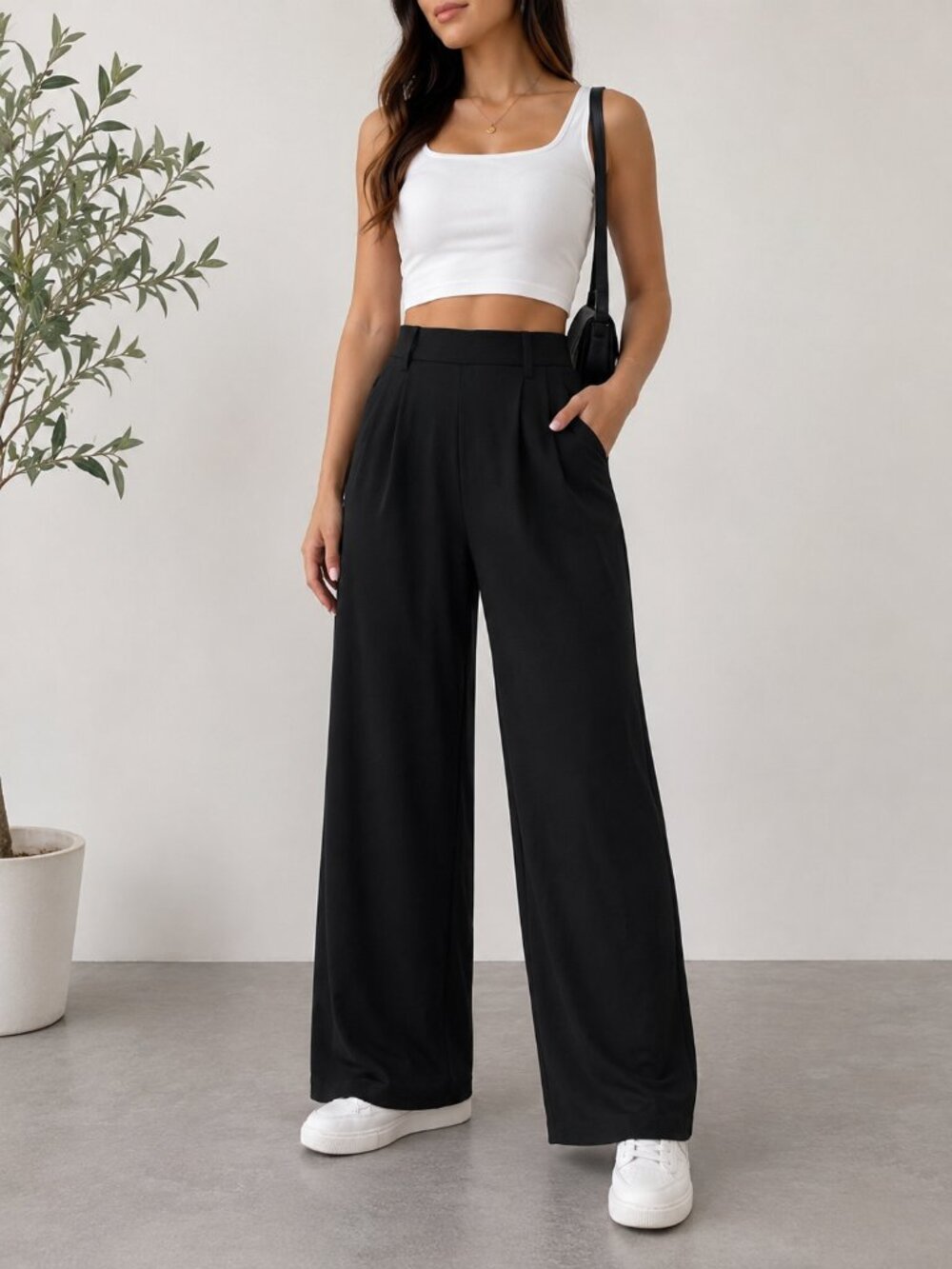 Halara Black Wide Leg Pull On Pants M Petite High Rise Stretch